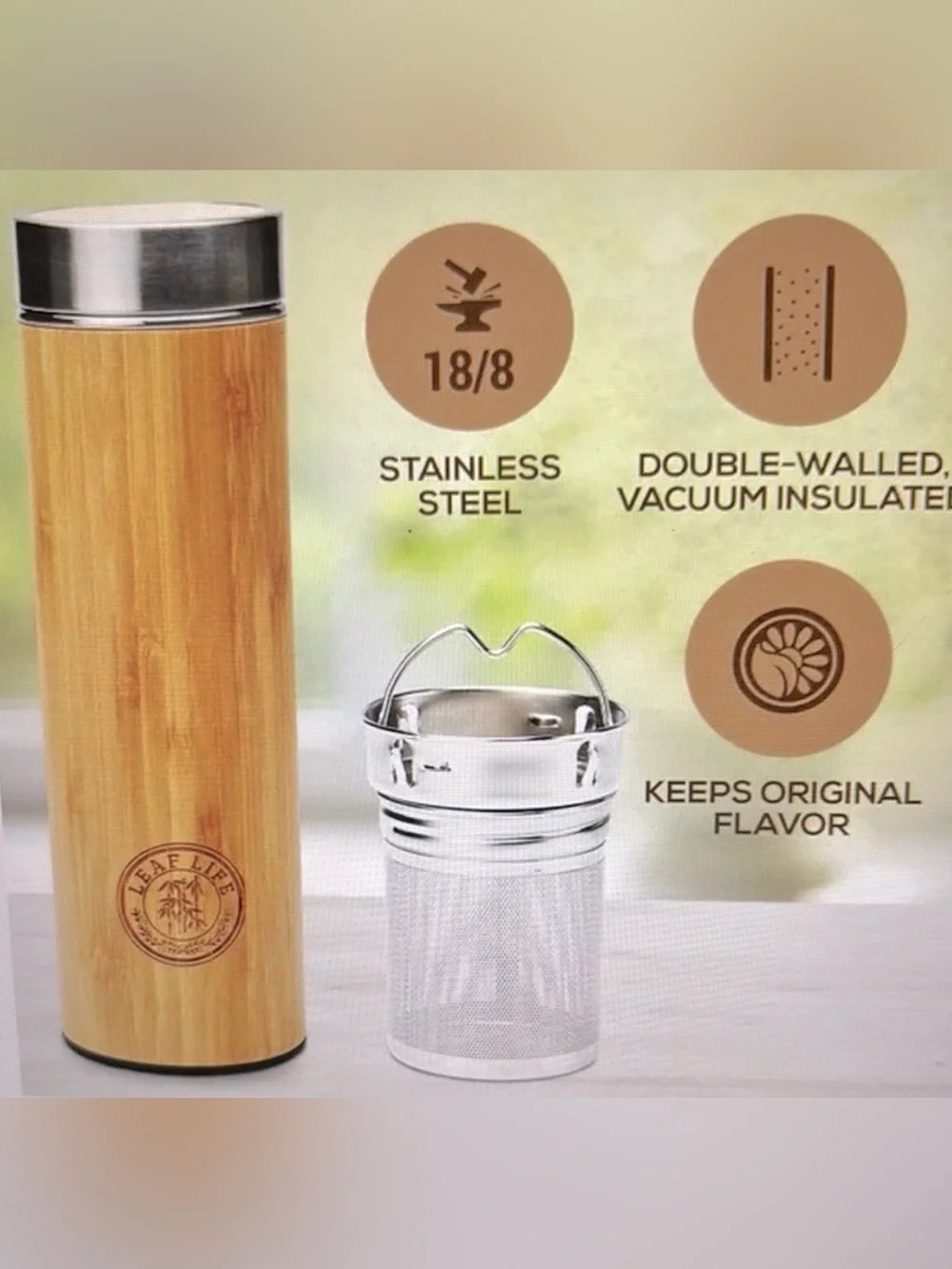 Preowned LeafLife branded 17oz vacuum-insulated bamboo tumbler designed for tea